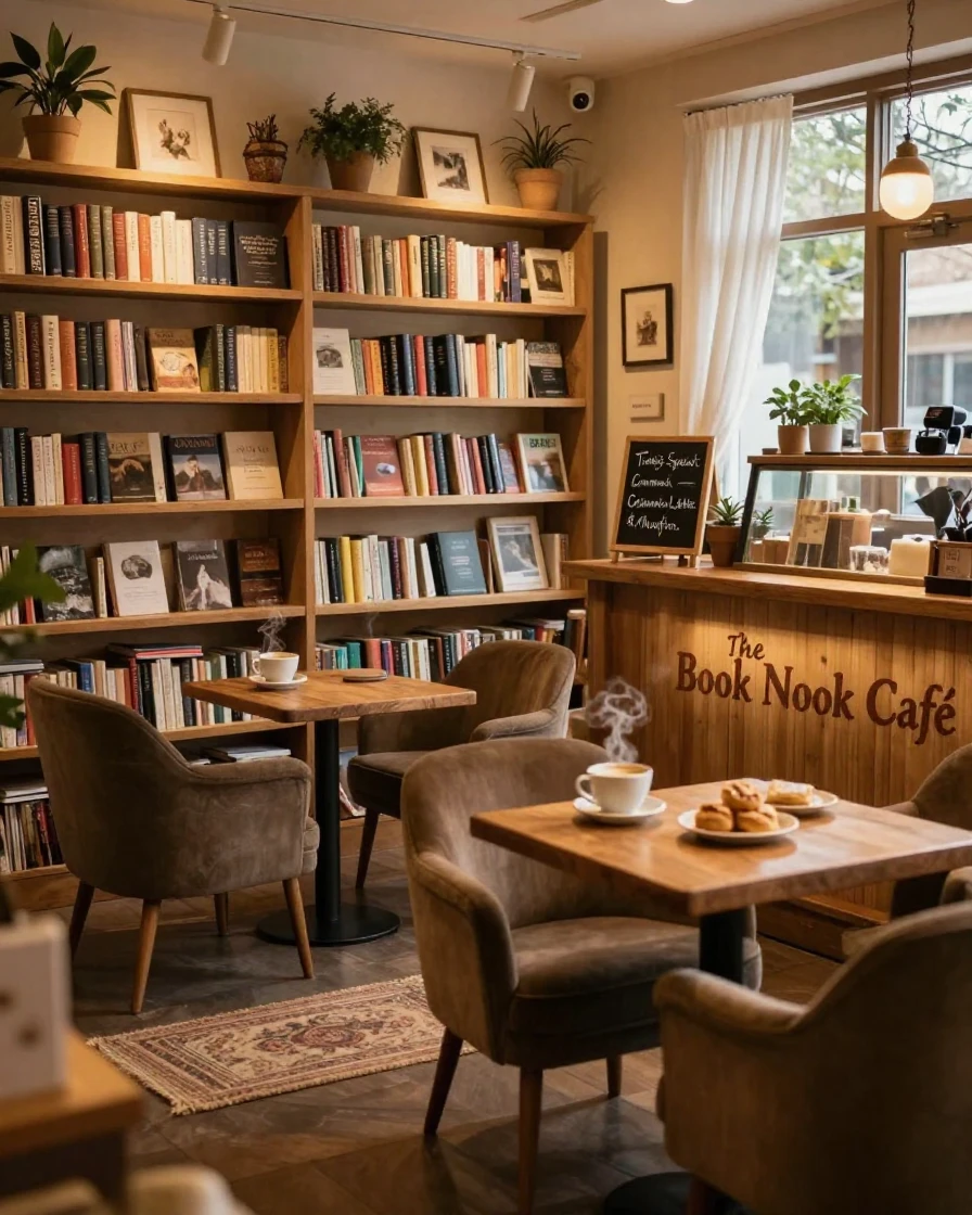 A charming bookstore café with warm ambient lighting