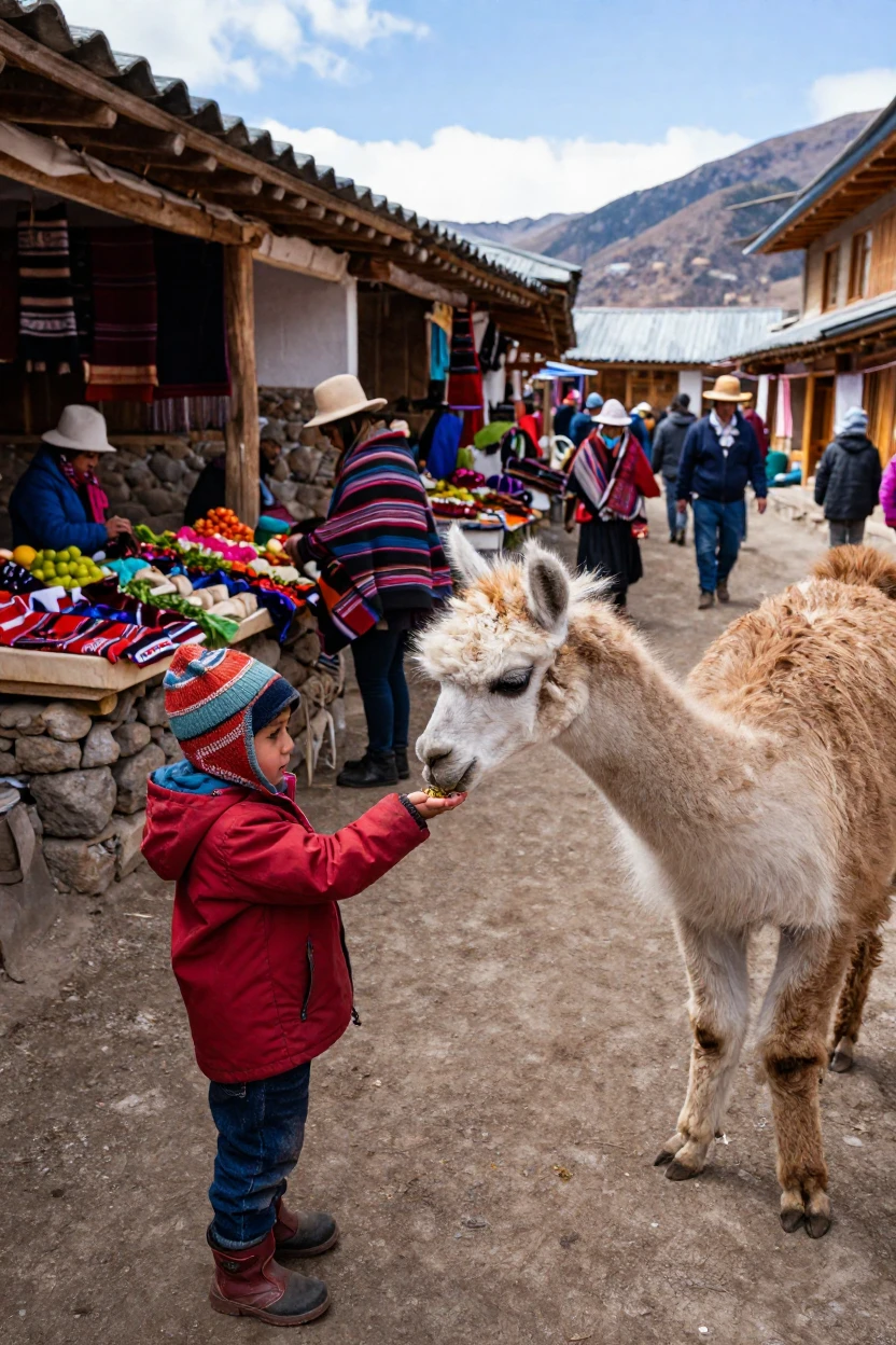 A child feeds a llama from an open palm at a high-altitude village market.
