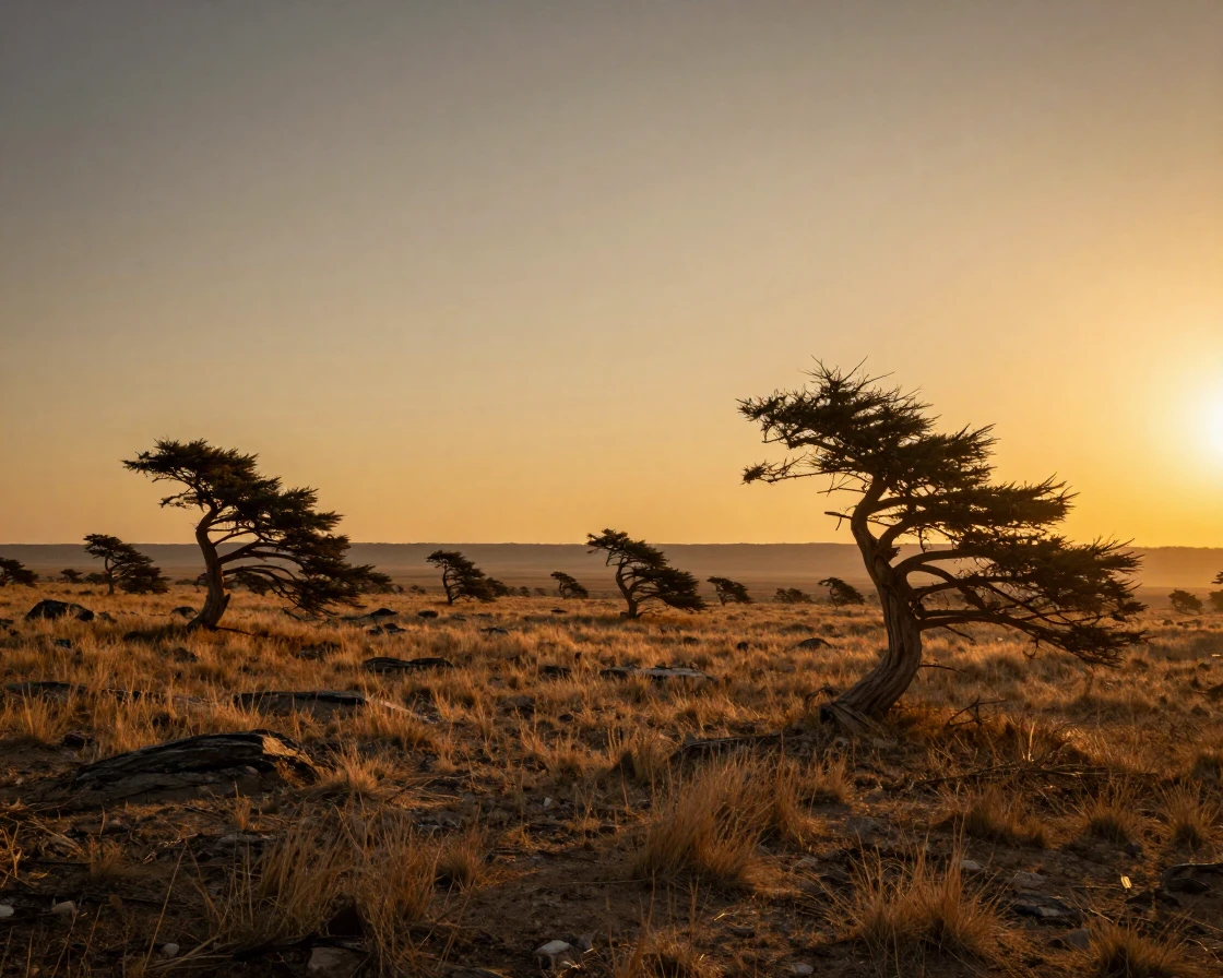 A remote plateau dotted with wind-bent trees, stretching endlessly in the golden light before sunset