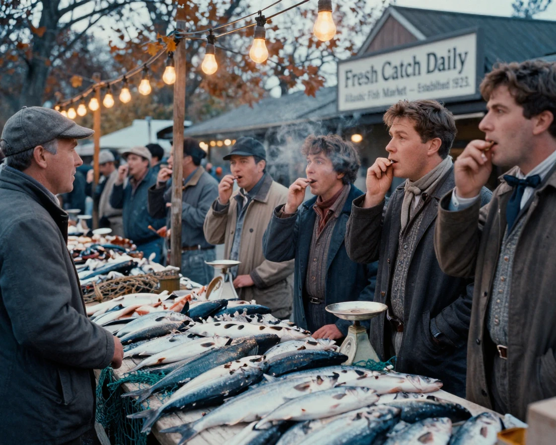 A crowded fish market with vendors calling out the morning's catch, under strings of warm string lights, in crisp, dry air, in late autumn, in cool blues and silvery greys, in a tight close-up.