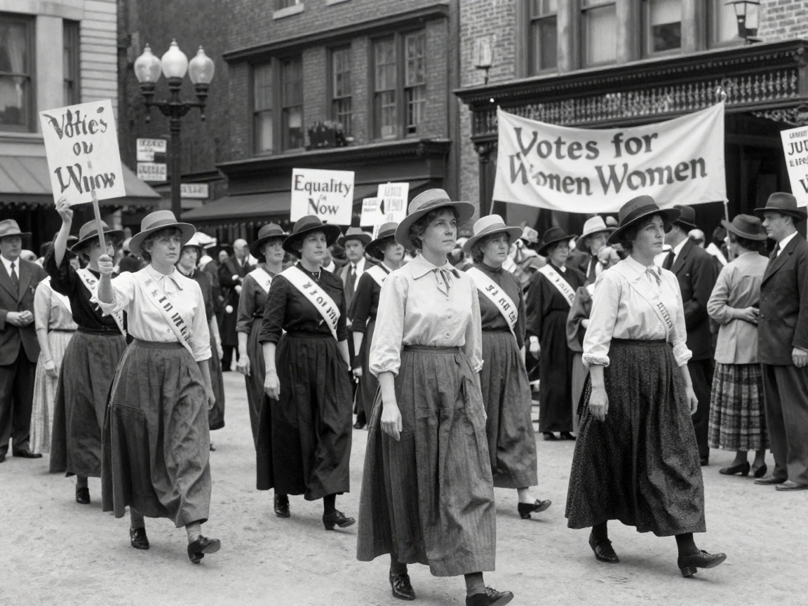A group of suffragettes marches for equal rights in a crowded city square.