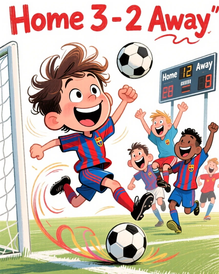 A young boy scoring the winning goal, teammates rushing to lift him onto their shoulders.