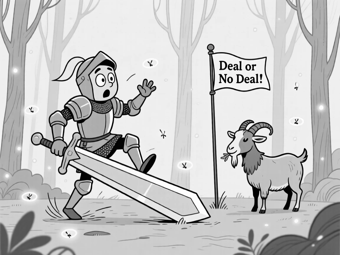 A knight tripping over his own oversized sword, waving tiny arms wildly to close a deal, set in an enchanted forest glowing with fireflies. A stubborn goat chews on a nearby flag. The image invites you to imagine the tale behind the mishap.