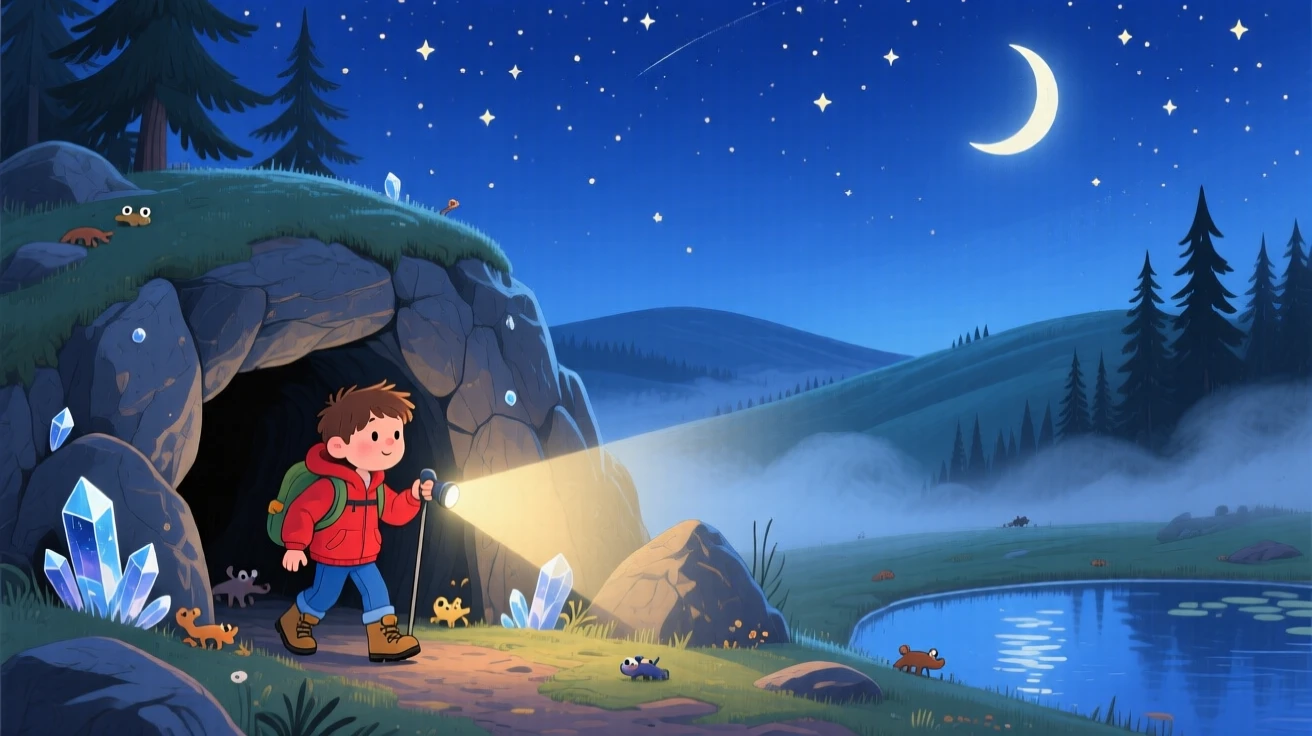 In a stargazing hilltop, a curious camper is exploring a cave lit by a single flashlight, while a gentle mist rises from the water.