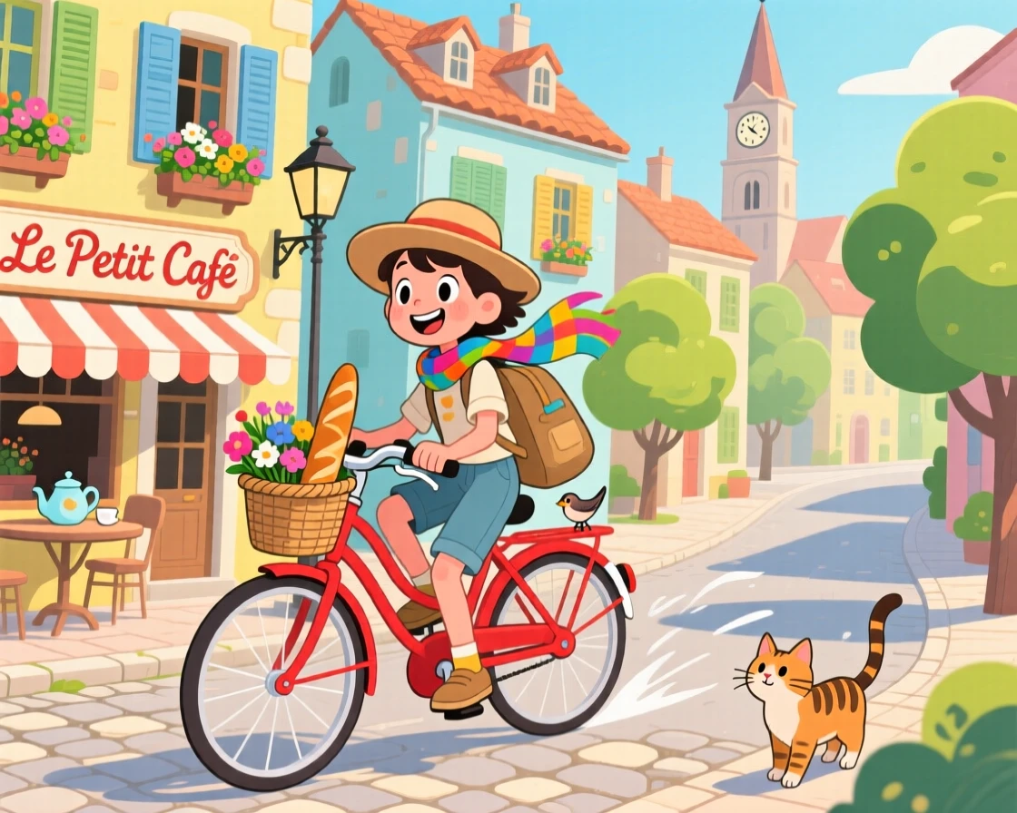 A traveler riding a bicycle through a quiet European village.