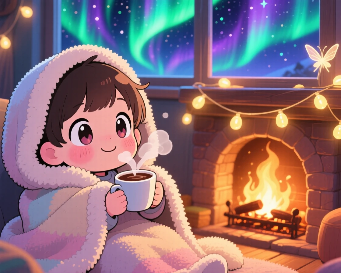 Extreme close-up: a small child, sipping cocoa wrapped in a fluffy blanket, set against a warm fireplace corner beneath swirling aurora-lit skies, with warm fairy-light glow and a mood of giggling amusement.