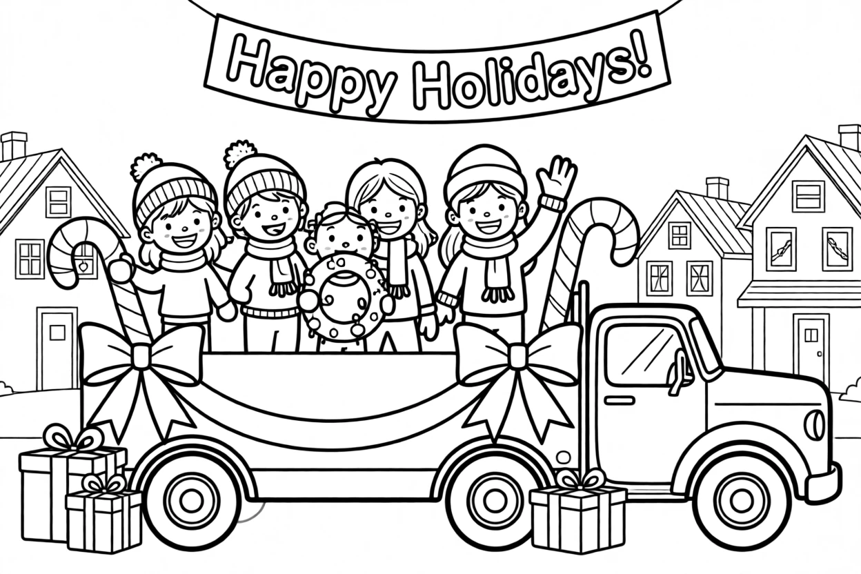 A festive float in a small-town holiday parade
