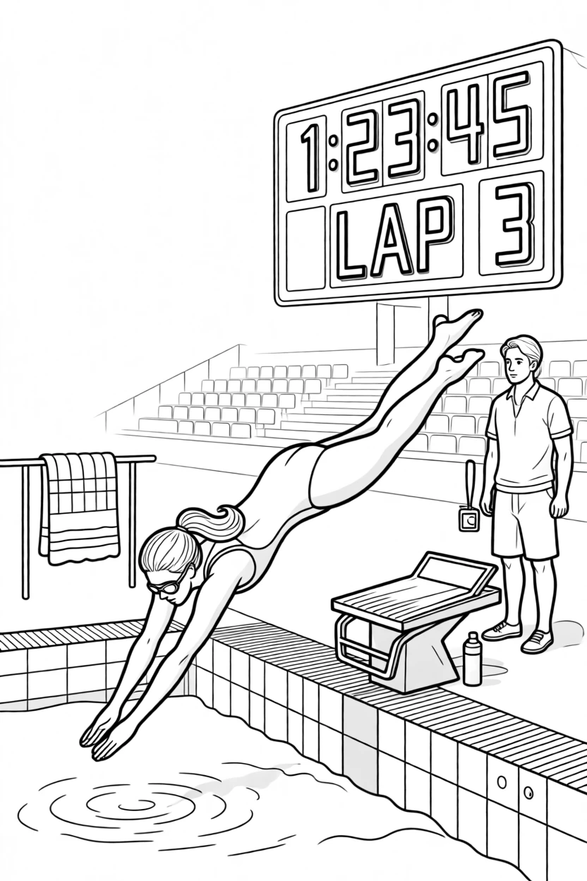 A swimmer diving off the starting block, with a scoreboard glowing in the distance.