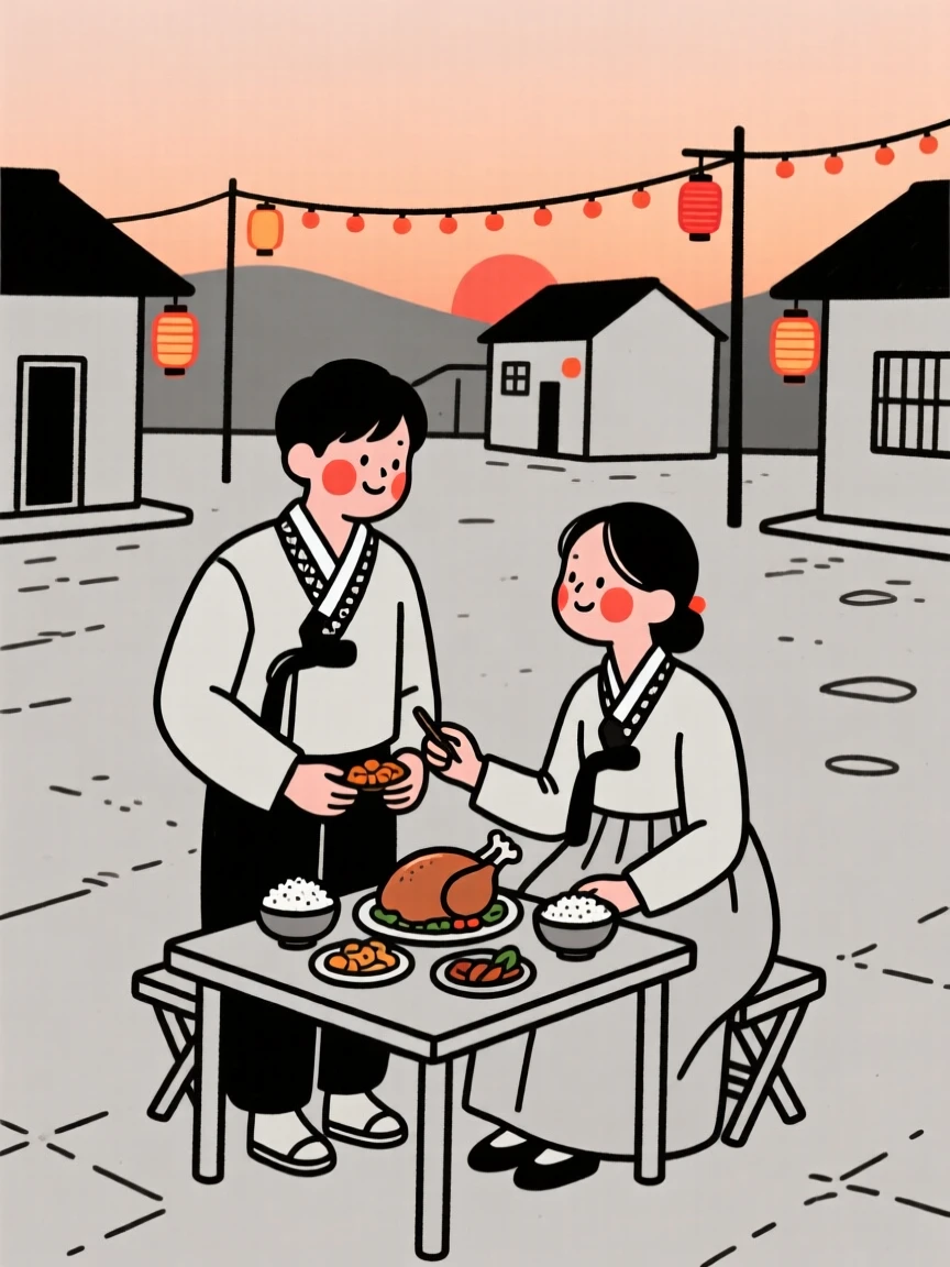 A young couple of Korean heritage gathering for Thanksgiving dinner, on a village square at dusk.