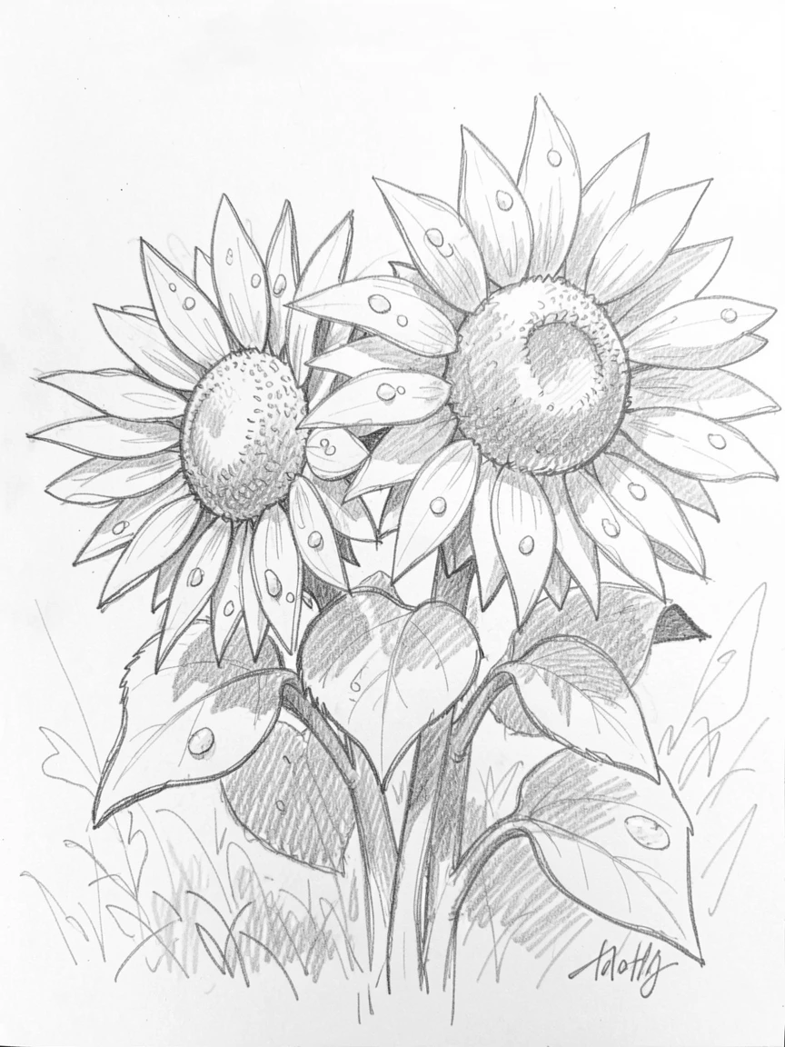 A bundle of sunflowers in a sunlit garden, with tiny water droplets clinging to the petals.