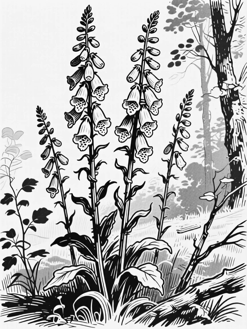 A cluster of foxglove stalks rising tall in a woodland garden.