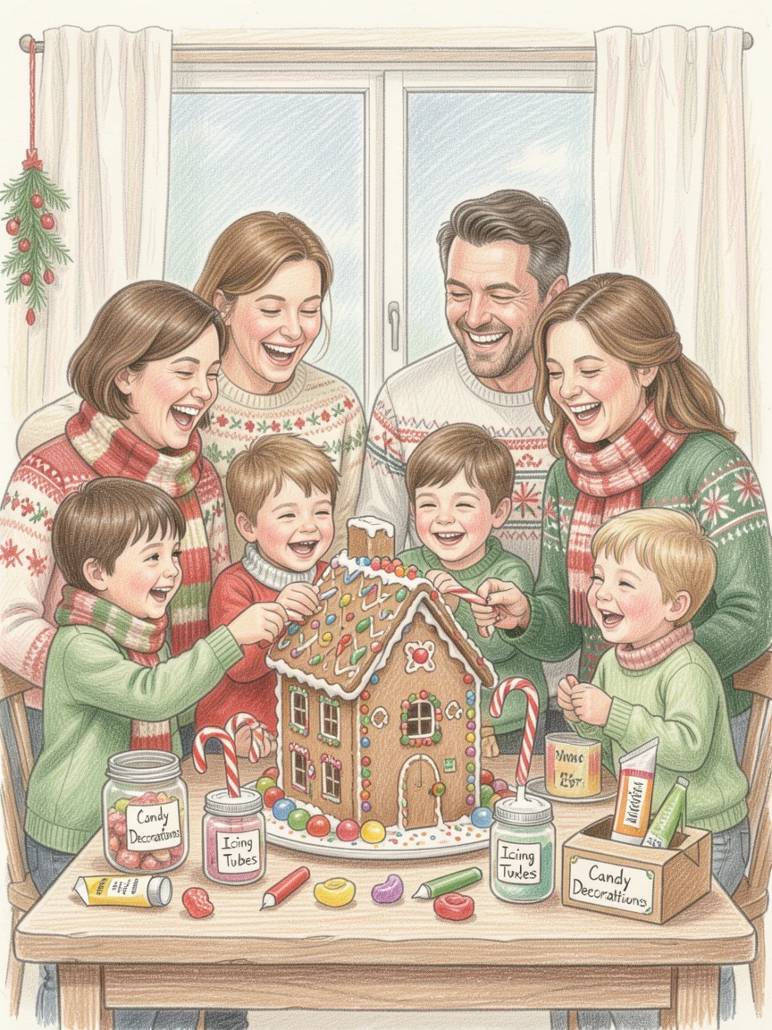 A family decorating gingerbread houses together at the holidays, full of genuine laughter and playful energy, designed to feel heartwarming and deeply relatable.