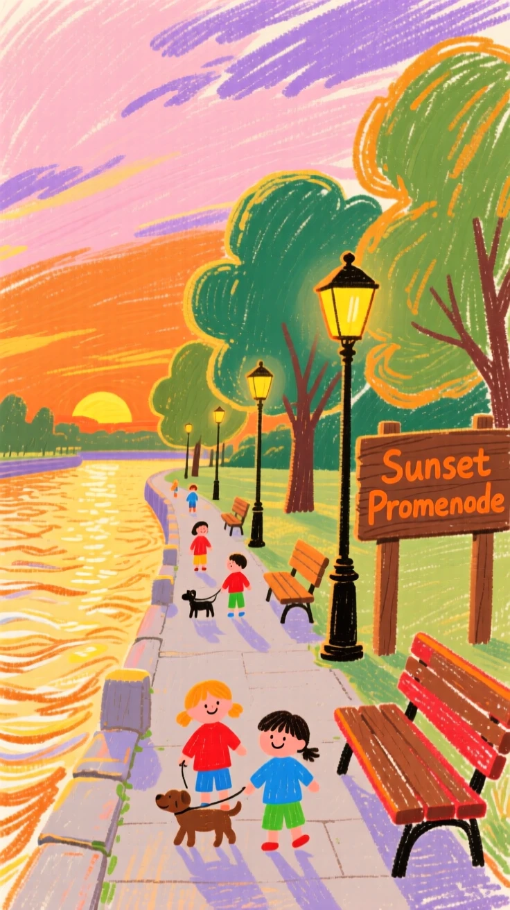 A view of a riverside promenade wrapped in golden light at sunset.