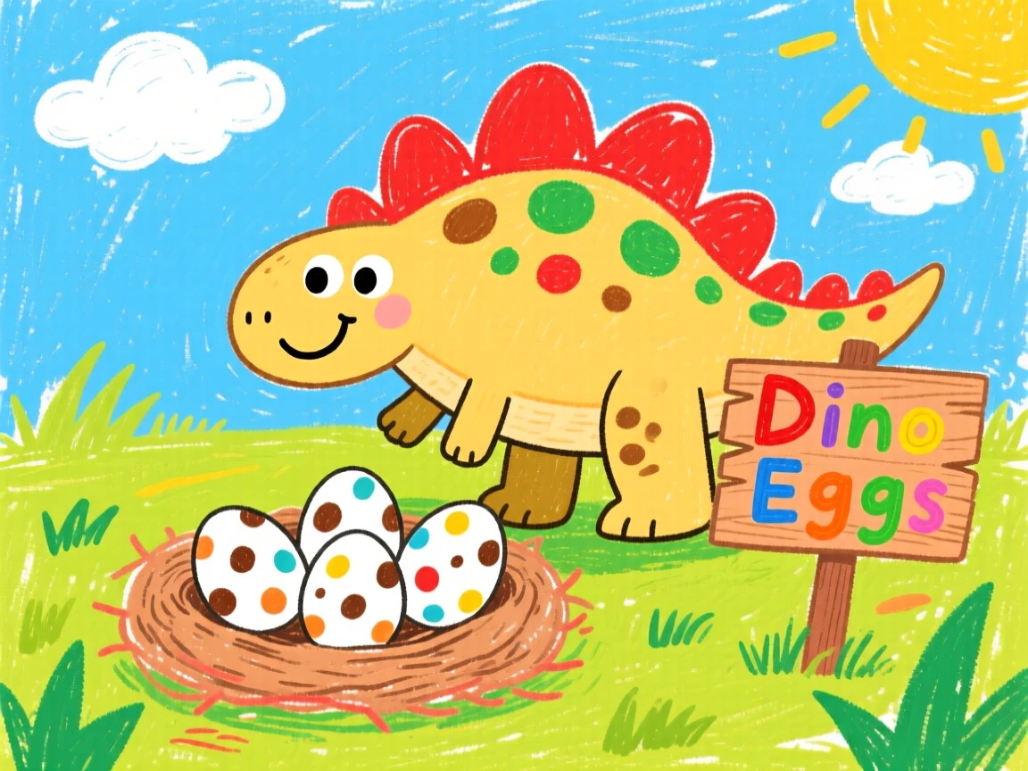 A young stegosaurus with plated armor near a nest of speckled eggs in a warm clearing.