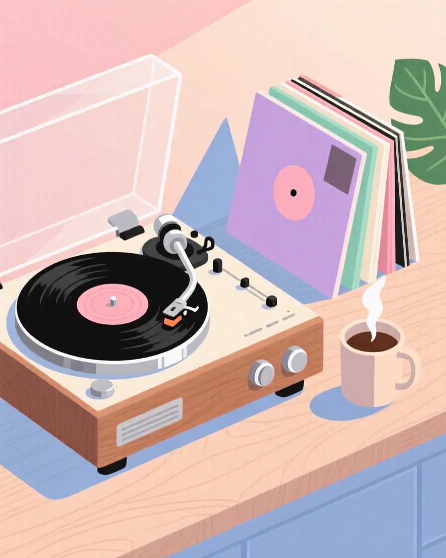 A vinyl record player spinning beside a stack of albums, arranged in a softly lit evening setting, arranged in a neatly styled flat lay composition, with gentle pastel tones evoking calm and comfort.