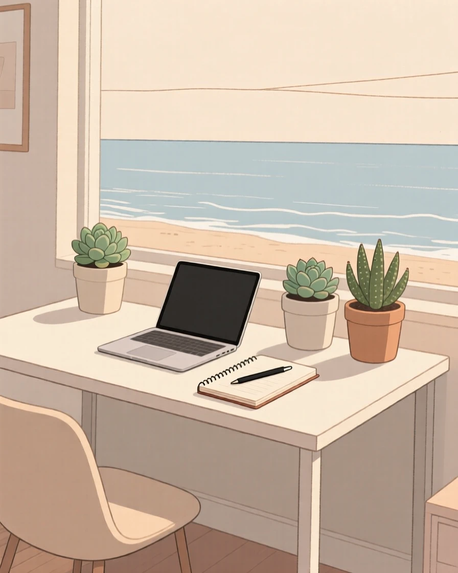 A tidy study desk arranged near potted succulents in a seaside home, expressing homey warmth.