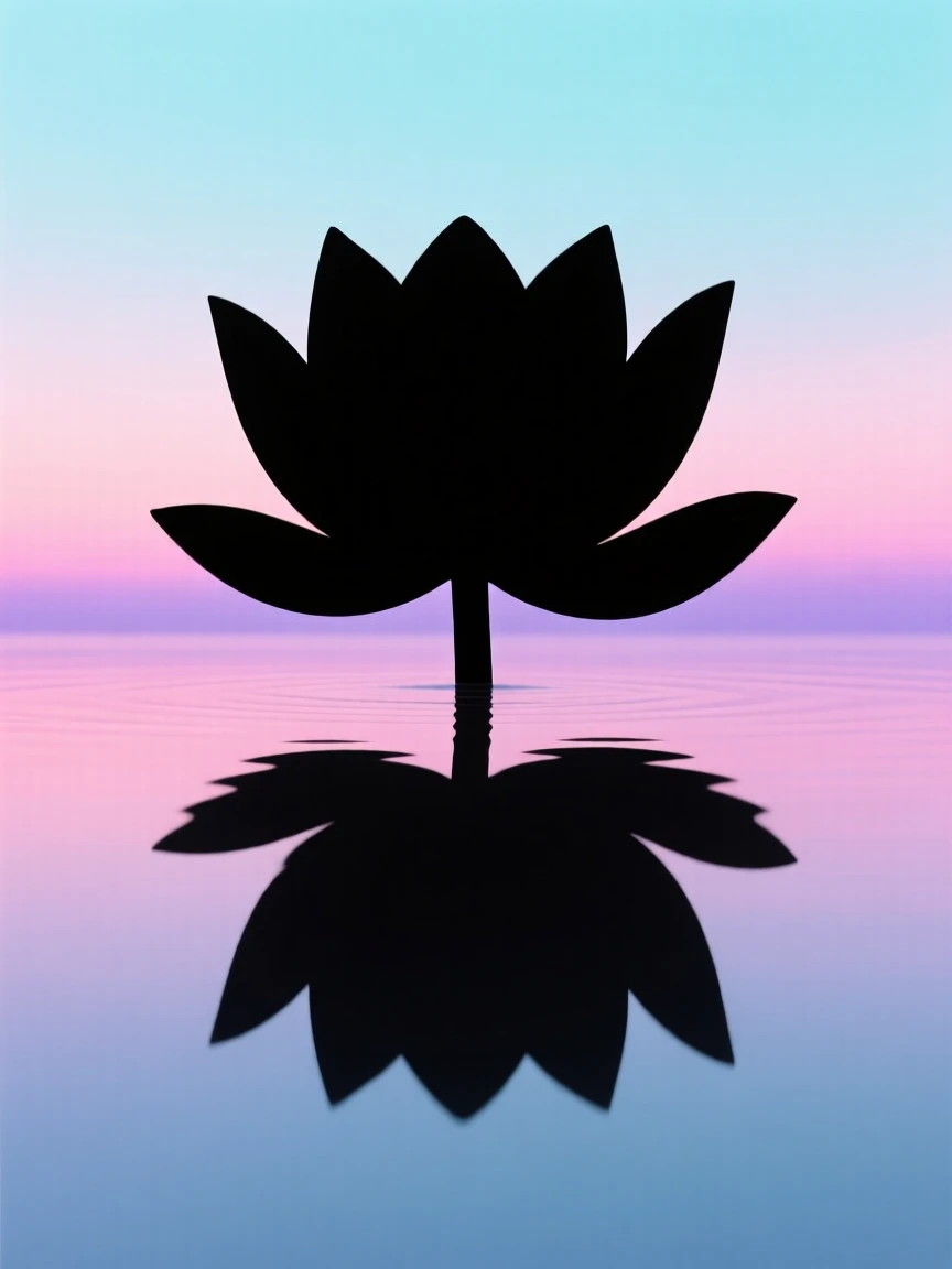 A single lotus flower blooming fully in the center of a still pond.