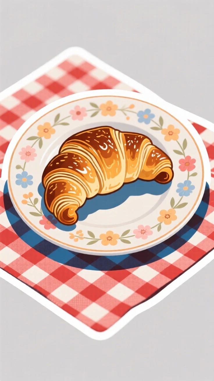 An irresistibly warm fresh croissant with flaky layers, placed on a floral patterned plate, on a checkered picnic blanket.