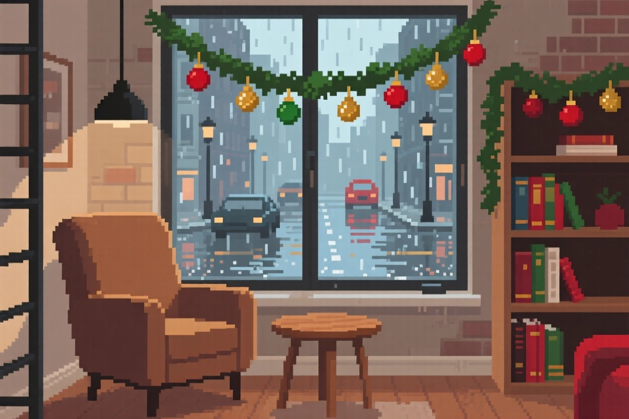 A small reading nook decorated for the holidays with tiny ornaments, in a loft apartment above a rainy street.