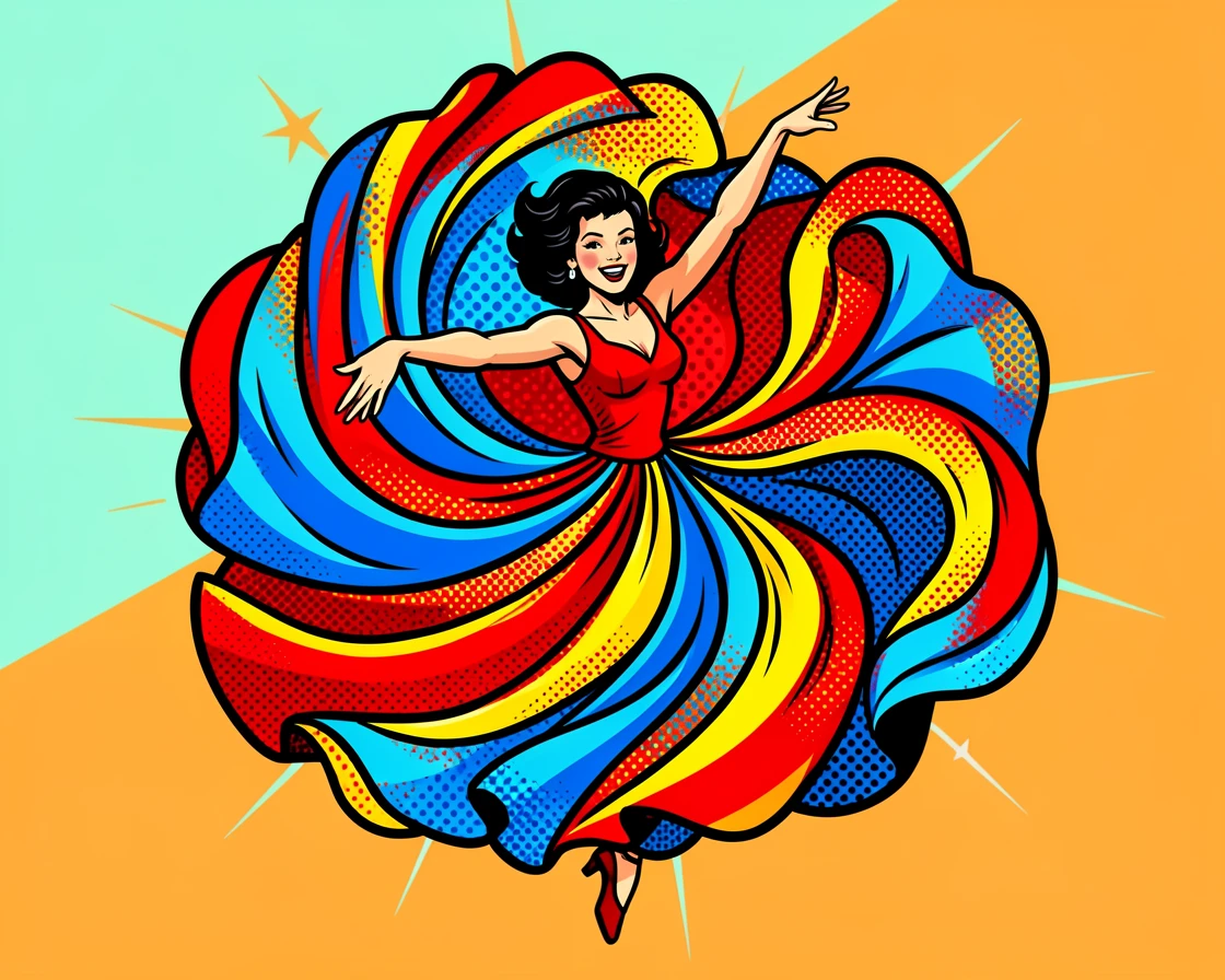 A dancer spinning in a swirl of elaborate fabric