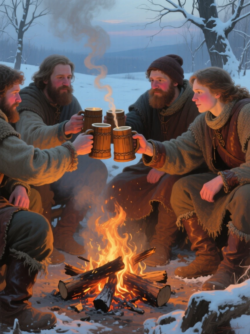 A detailed close shot of friends toasting with mugs of cider around a crackling campfire, in antiquity, in the quiet stillness of midwinter.