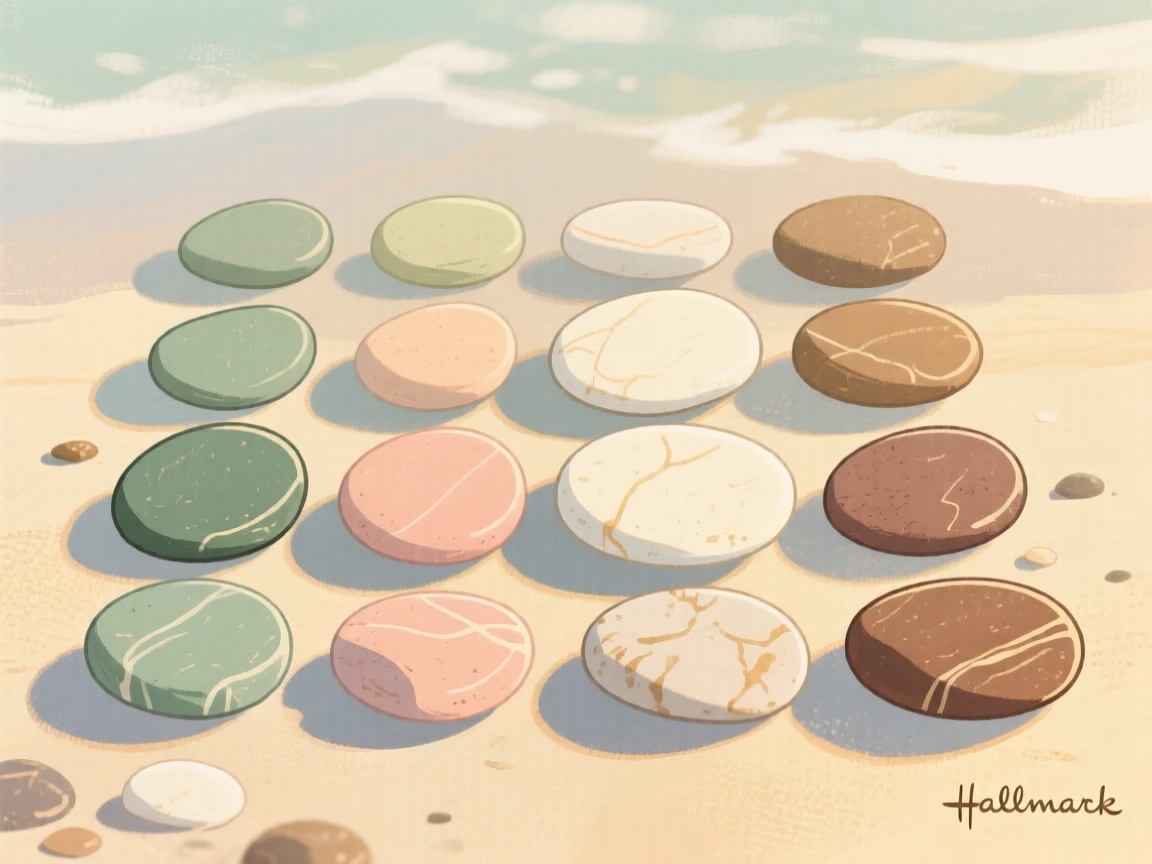 A collection of seaside pebbles sorted by color and size