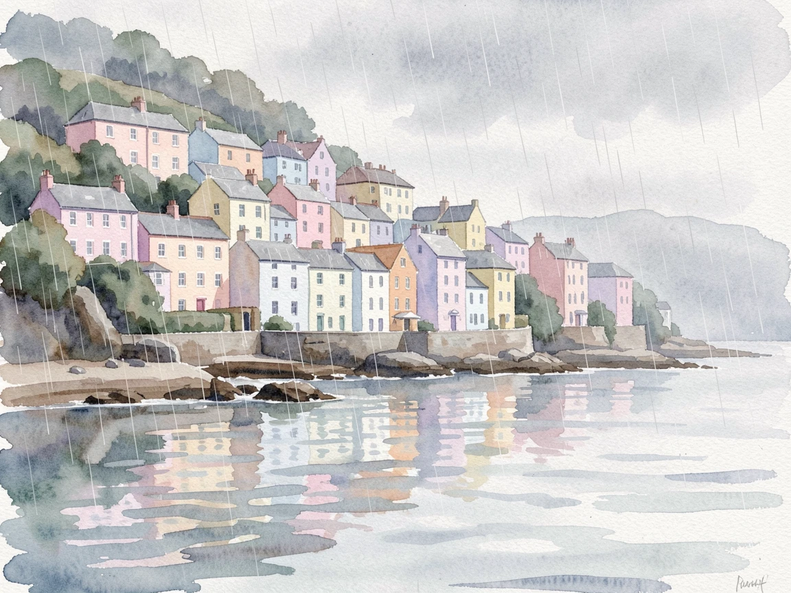 A coastal town with pastel buildings stacked up a hillside in gentle rain with reflections shimmering in the water below.