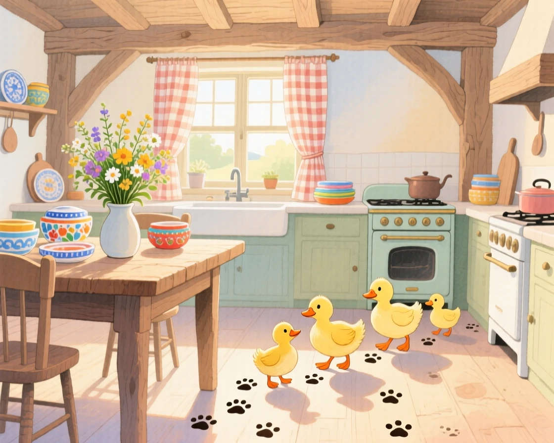A family of ducklings following a trail of paw prints across a beach, set in a cozy farmhouse kitchen with morning light streaming in, full of playful curiosity.