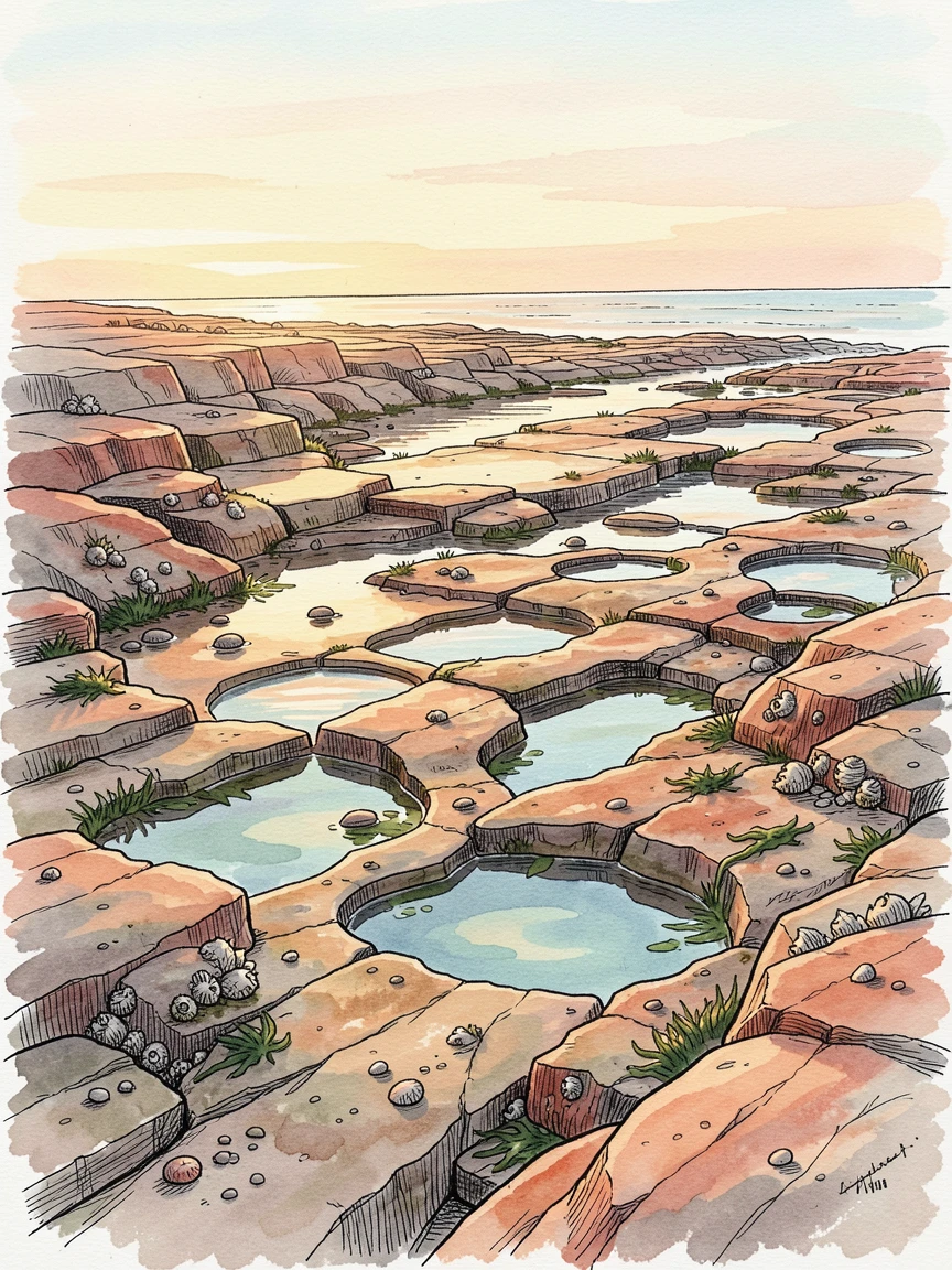 A rocky tidal shelf exposed at low tide and covered in tide pools, golden light spilling across the landscape at the close of day.