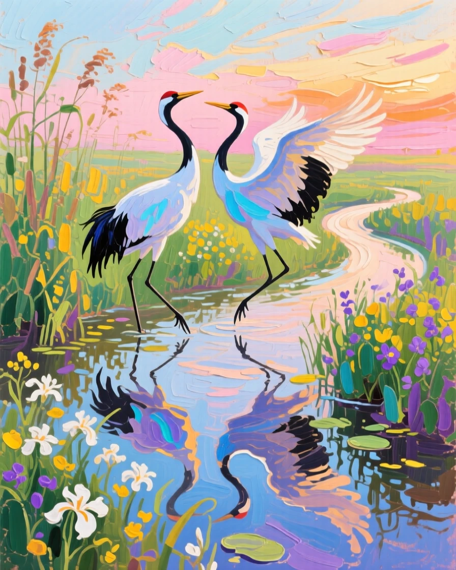 two cranes dancing in a marsh, on a bright spring morning, composed along a natural leading line.