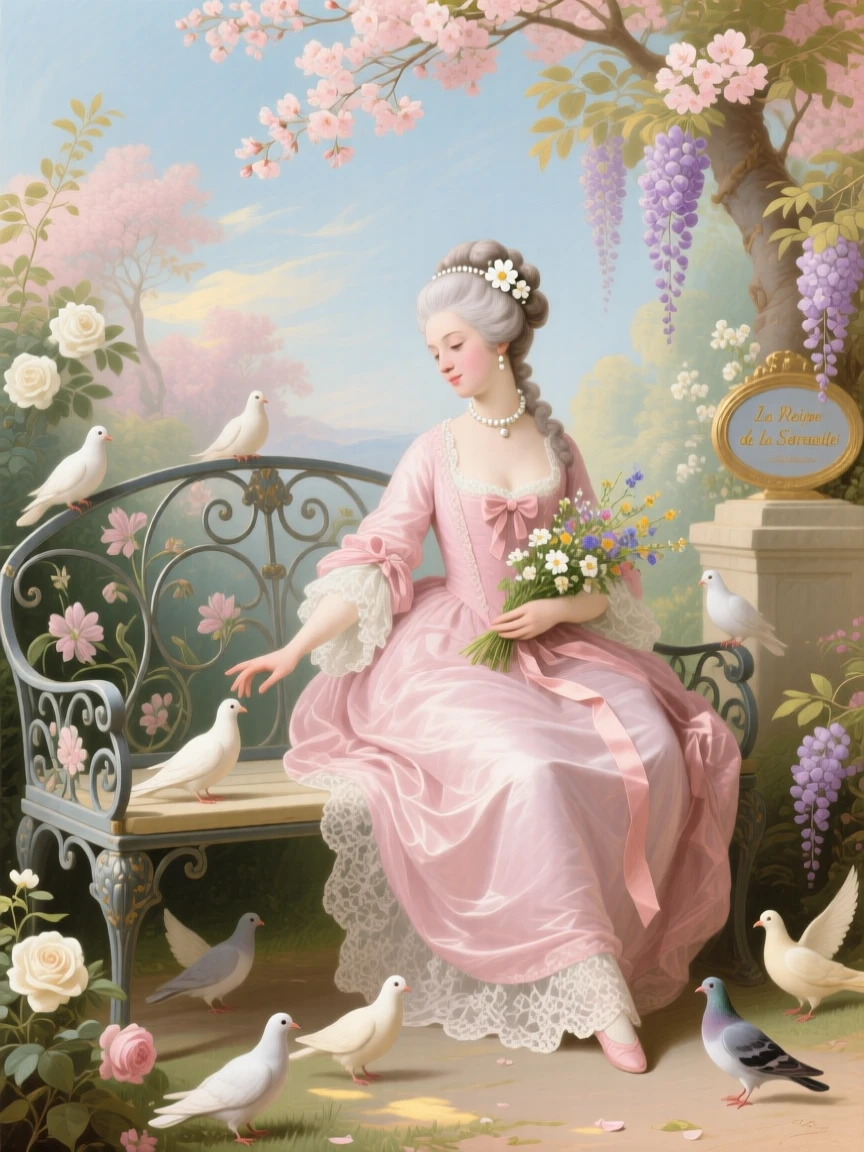 A queen seated on a garden bench with doves gathered around her  