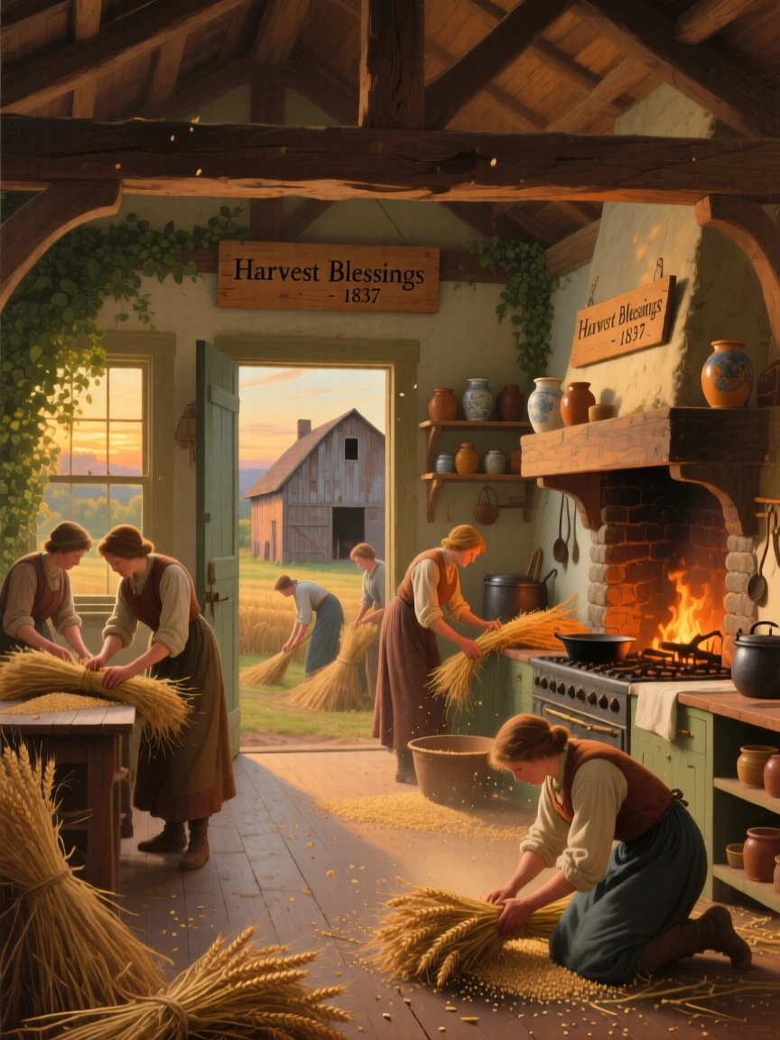 A group of harvesters harvests wheat in a farmhouse kitchen filled with warmth as the last light of day settles over the barn.