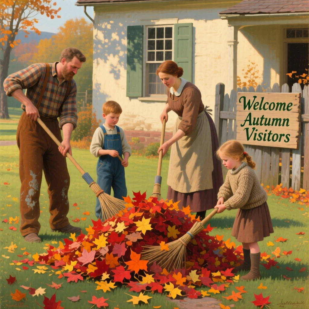 A family raking autumn leaves into a giant pile before jumping in, with warm afternoon light streaming through nearby windows, evoking warmth, nostalgia, and heartfelt connection
