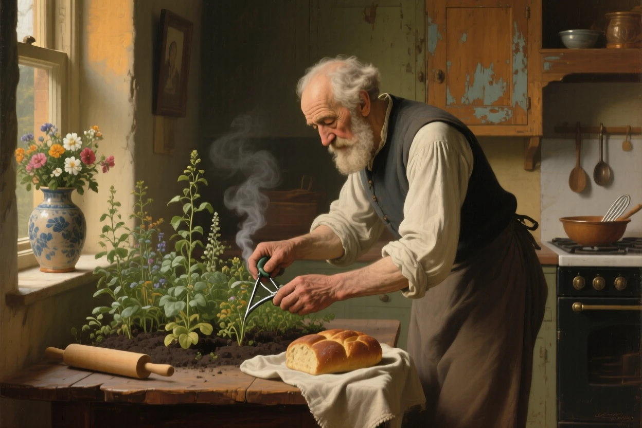 An elderly man tending a garden his late wife once planted in a scene glowing with warmth and quiet devotion, set within a warmly lit kitchen filled with the smell of baking, with worn, familiar surroundings that speak of years shared together; a soft, blurred background keeps the emotional connection in sharp focus, suggesting the enduring bonds between generations.