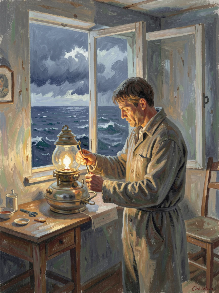 An old lighthouse keeper trimming the lamp wick as a storm gathers on the horizon.