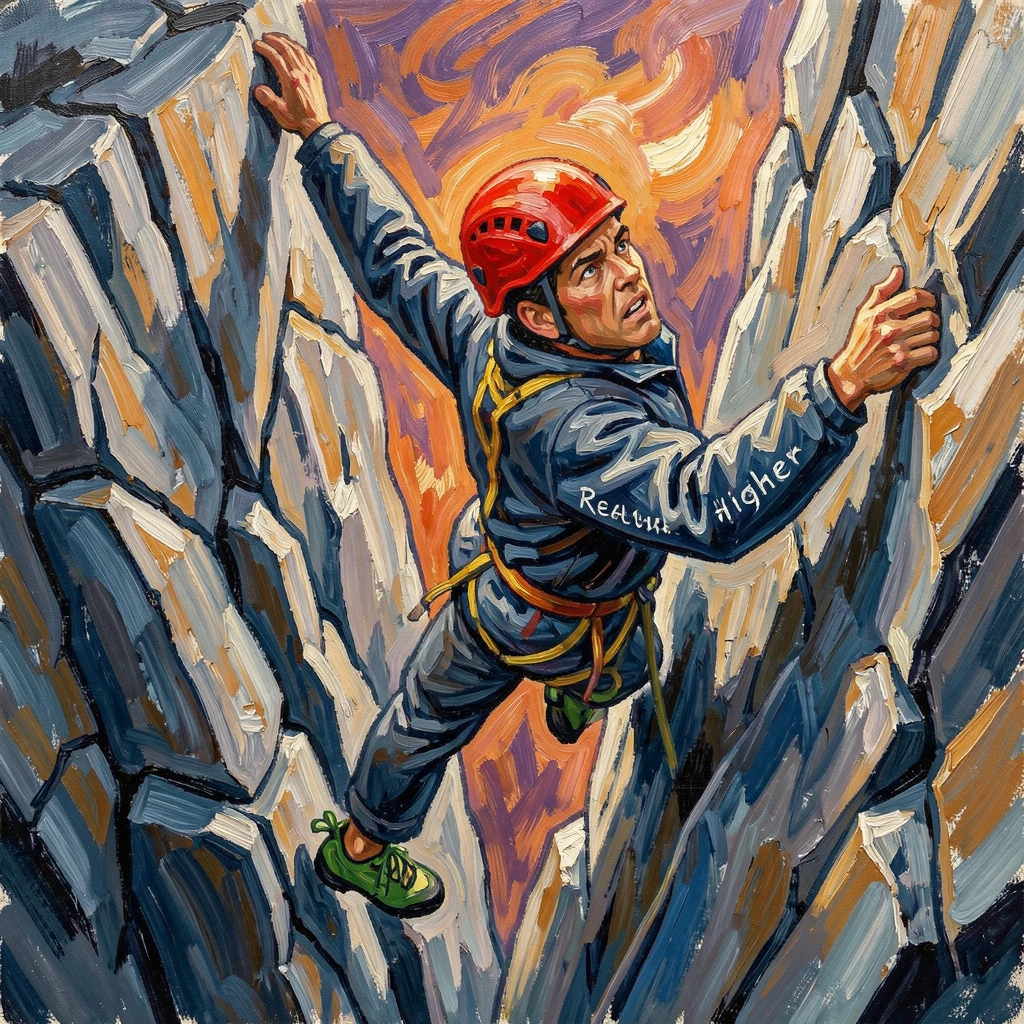 A determined climber reaching for the next handhold on a sheer granite cliff face.