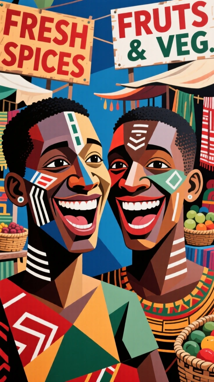 A close-up portrait of twin brothers of Nigerian heritage, laughing joyfully, at the edge of a bustling market.