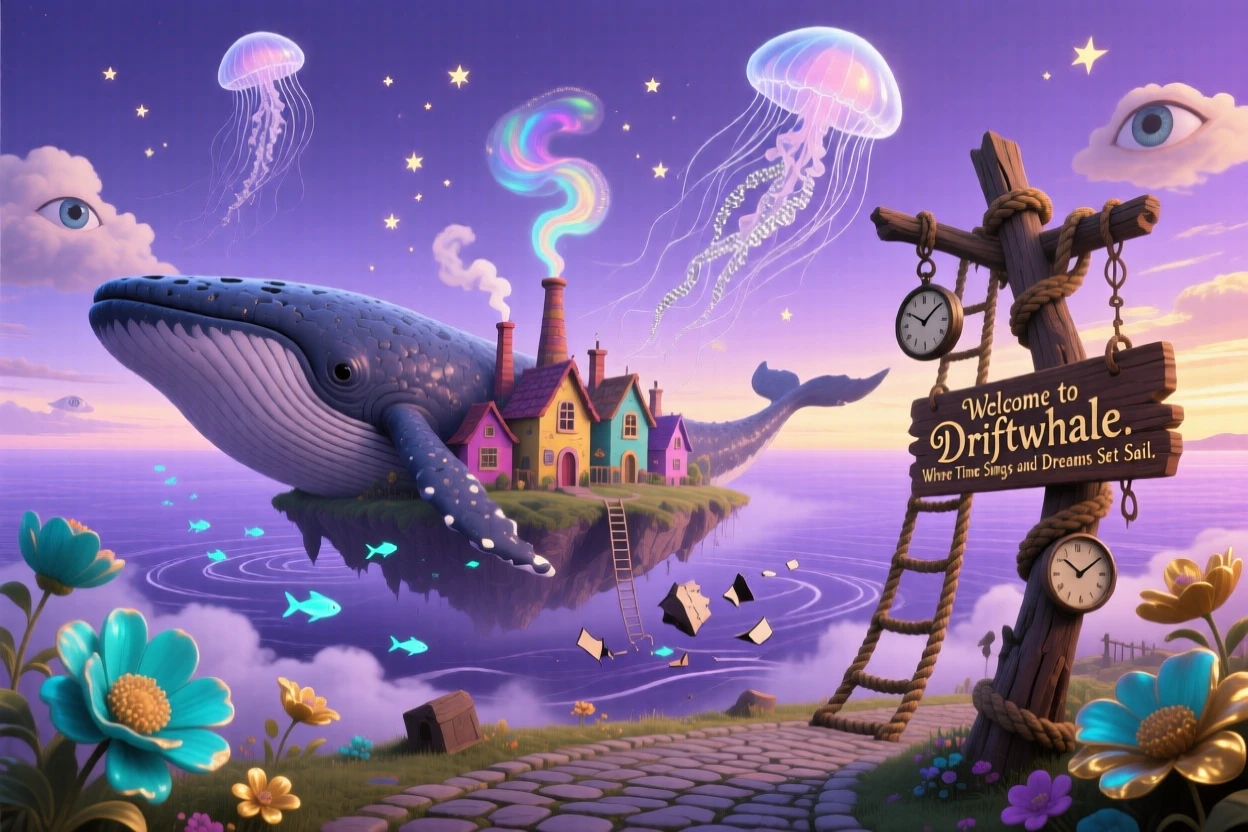 A village balanced on the back of a drifting whale-shaped island drifts slowly across a lavender horizon, as a rope ladder dangles into empty space below.