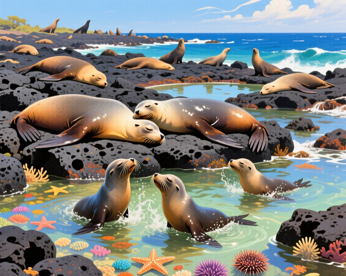 A sea lion colony basks on volcanic rocks in the Galápagos, pups playing in the shallow tide pools while adults doze in the warm sun, other members of its group visible nearby, reinforcing the social nature of the scene.