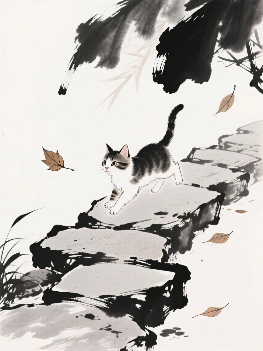 A kitten chases a falling leaf across a stone path, as a gentle breeze stirs the surrounding leaves.