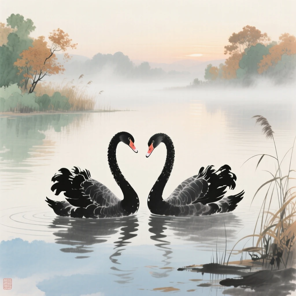 A pair of swans gliding side by side across a quiet lake, imbued with timeless calm, as morning mist begins to lift, in late autumn.