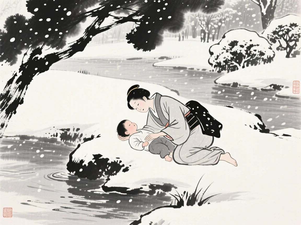 A mother and child resting beside a quiet river in a quiet garden beneath falling snow, captured mid-gesture in a candid, natural moment, capturing an everyday moment full of gentle humanity.