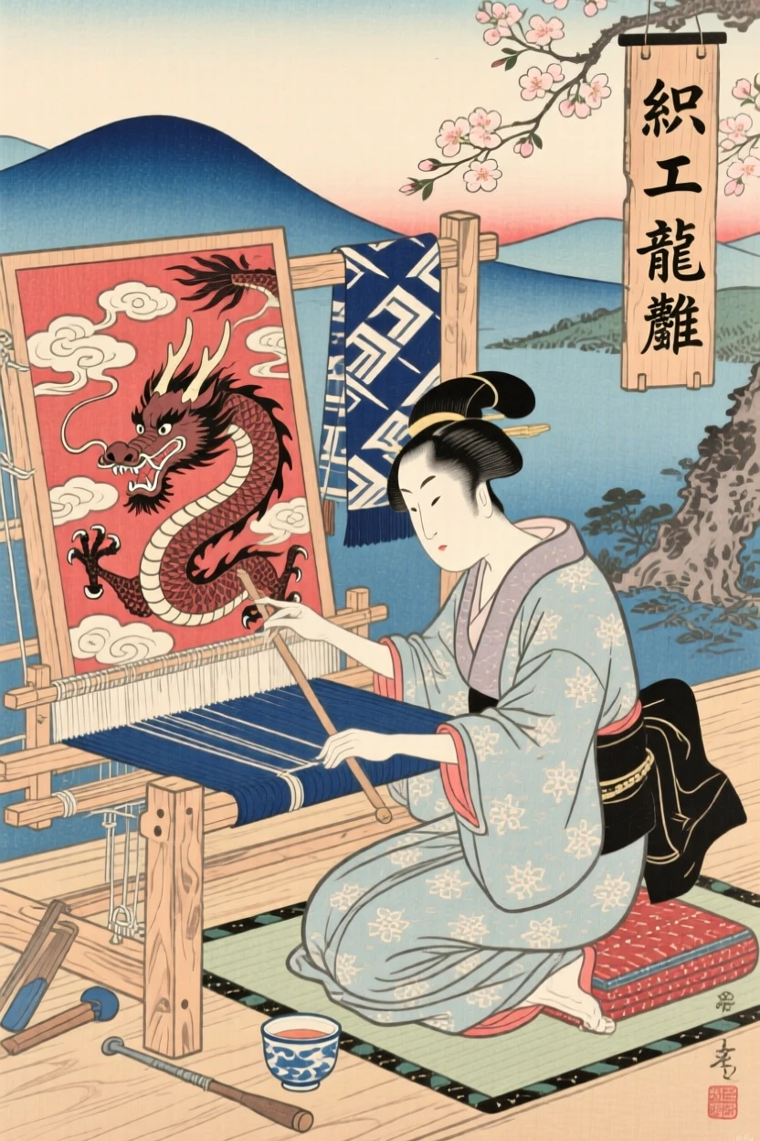 A weaver at a wooden loom carving an intricate dragon into a wooden panel.