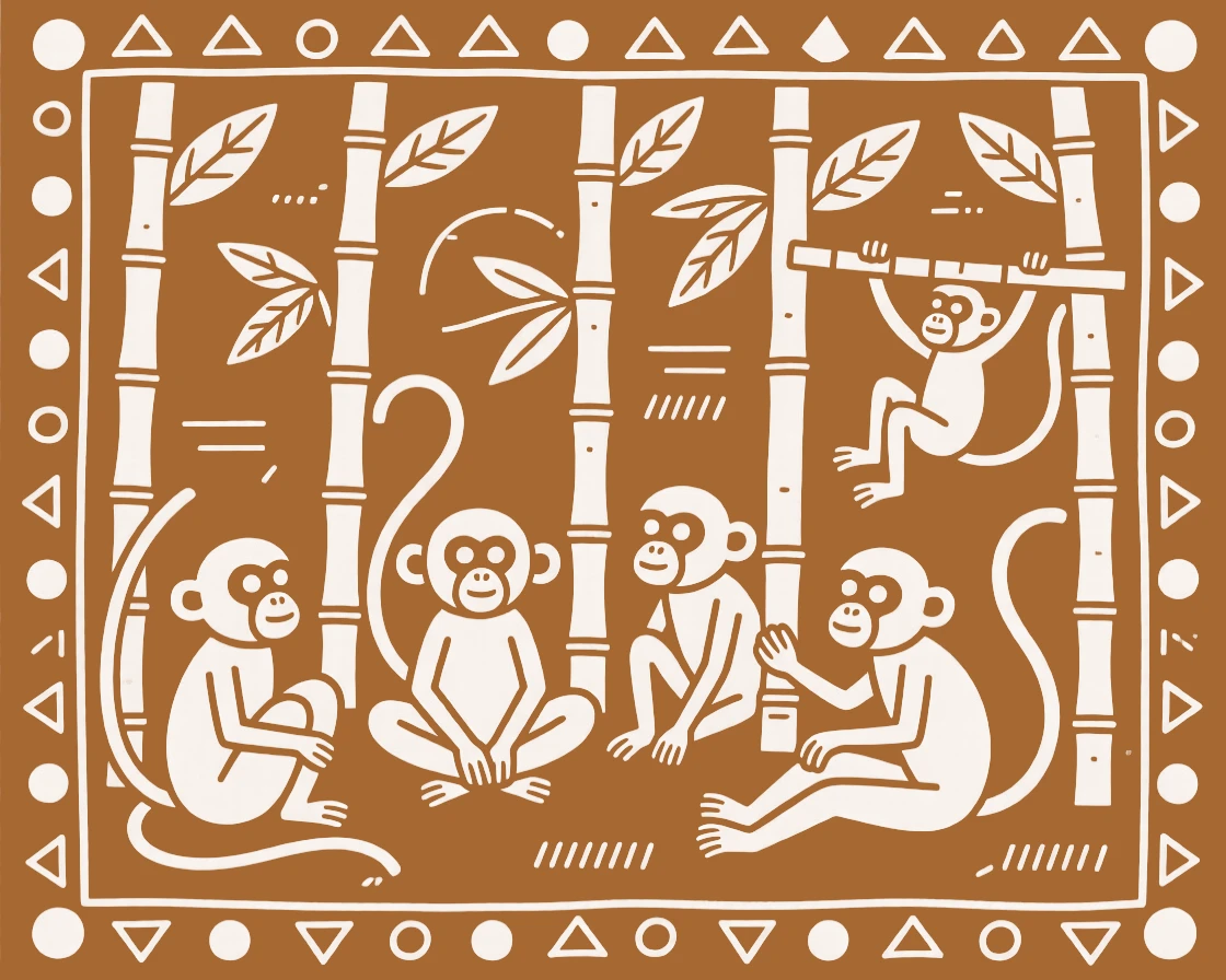 A group of monkeys resting in a bamboo thicket.