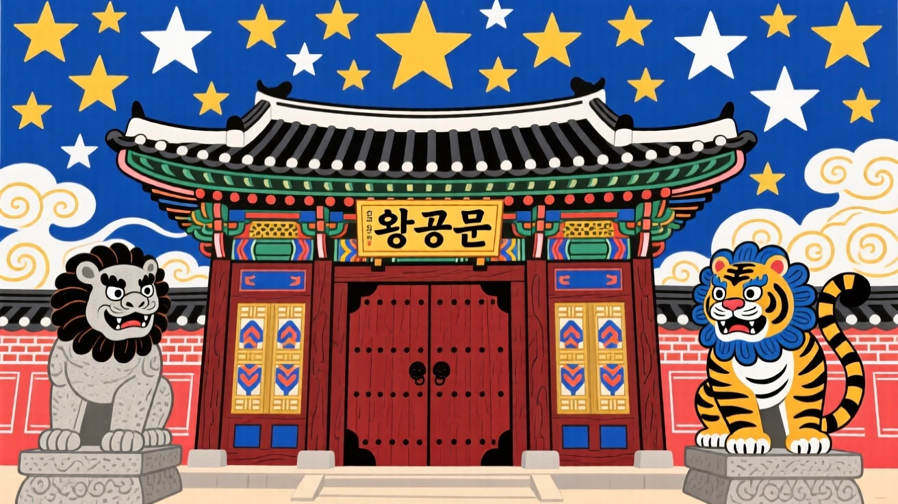 A view of a royal palace gate flanked by stone guardians, beneath a sky full of stars.