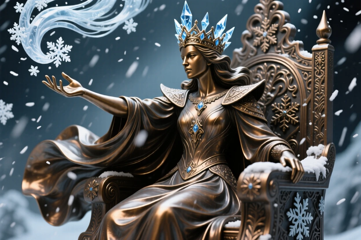 An ice queen commanding a blizzard from her throne, captured in a powerful, dynamic pose, radiating awe and grandeur