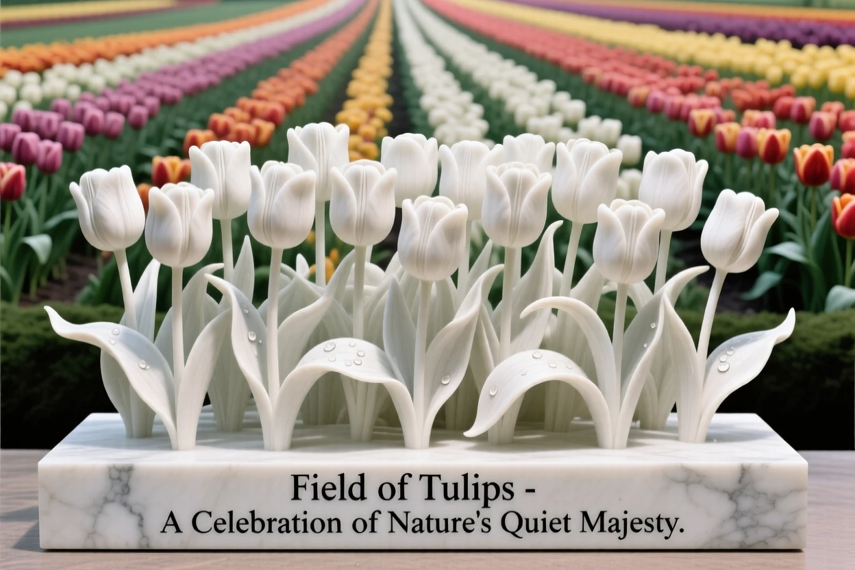 A breathtaking view of a field of tulips in vibrant rows, rich with color and atmosphere, evoking peace and wonder