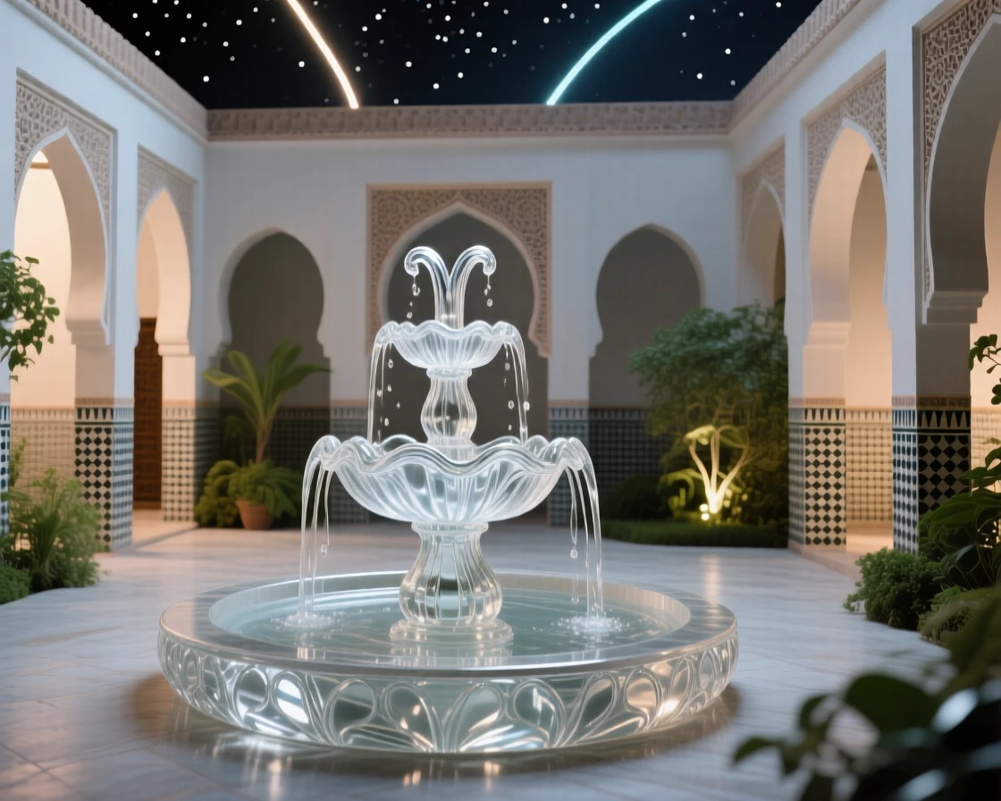 A Moroccan riad courtyard with a central fountain under a starry night sky, long soft light trails in the distance, composition emphasizing scale and grandeur.