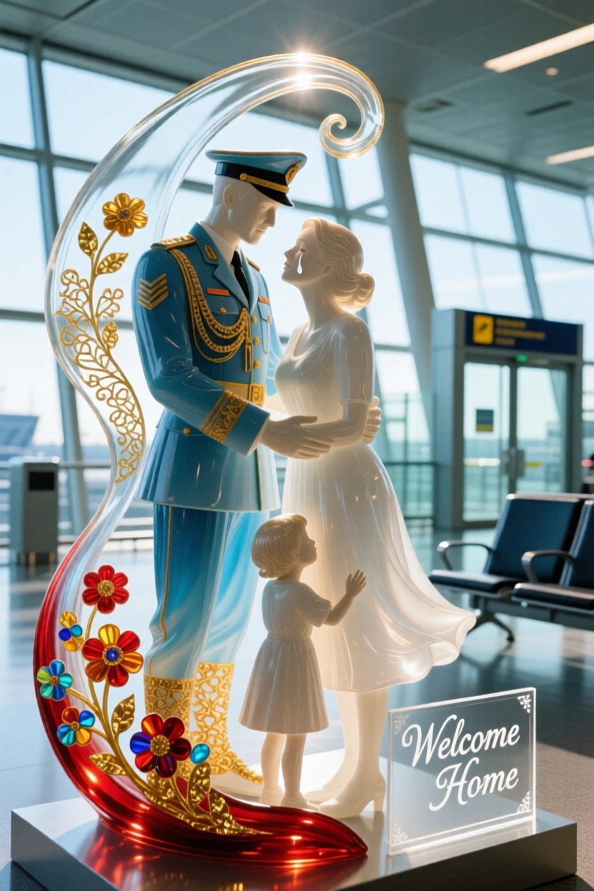 A soldier reuniting with his family at an airport, tearful and heartfelt.