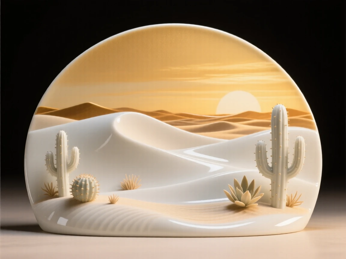 A tranquil desert landscape at golden hour, bathed in warm golden light.